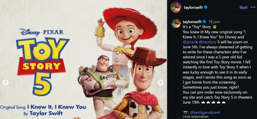 Taylor Swift Umumkan Lagu Baru ‘I Knew It, I Knew You’ untuk Toy Story 5