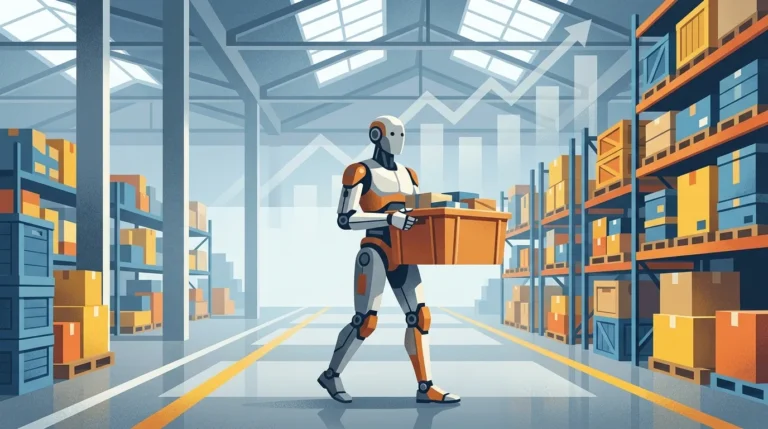 Ilustrasi robot humanoid membawa kotak di lorong gudang di samping pekerja