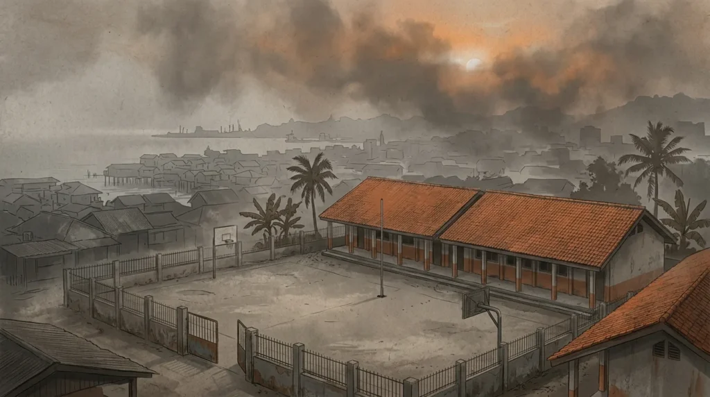 Ilustrasi kabut asap menyelimuti kawasan sekolah dan permukiman di Kota Padang