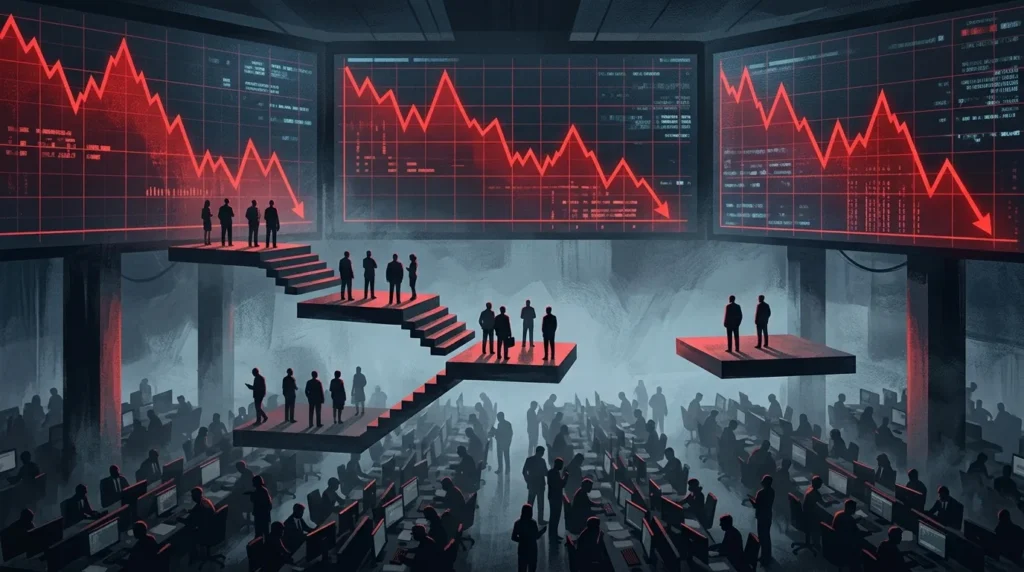Ilustrasi papan perdagangan saham dengan grafik menurun di bursa efek