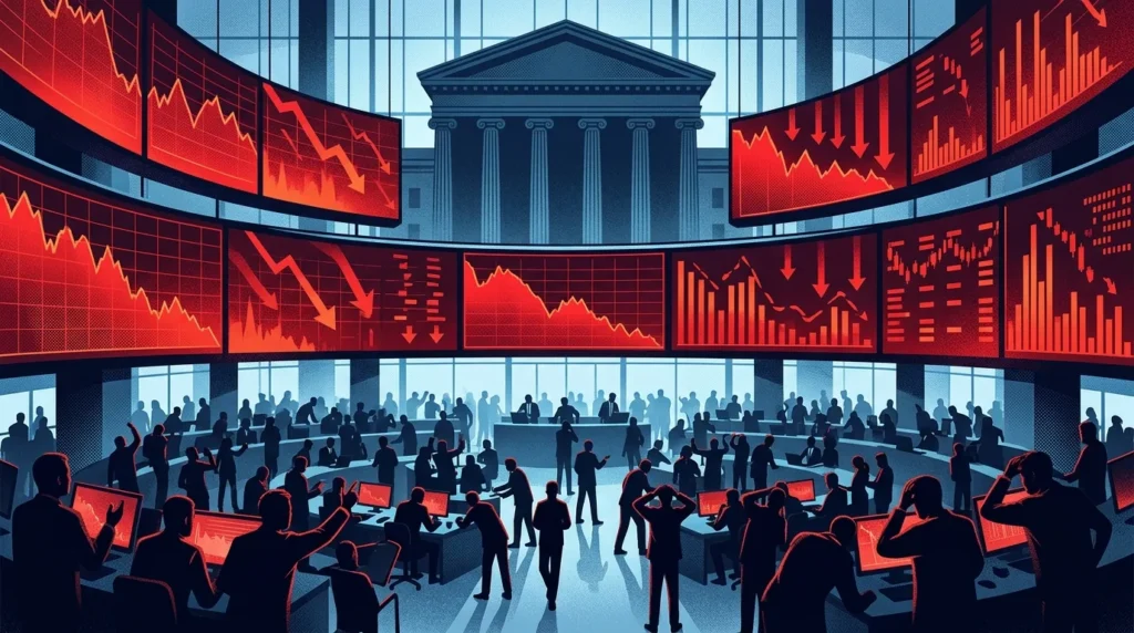 Layar papan perdagangan saham berwarna merah menunjukkan indeks dan saham bank melemah