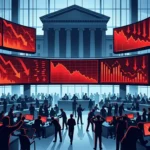 Layar papan perdagangan saham berwarna merah menunjukkan indeks dan saham bank melemah