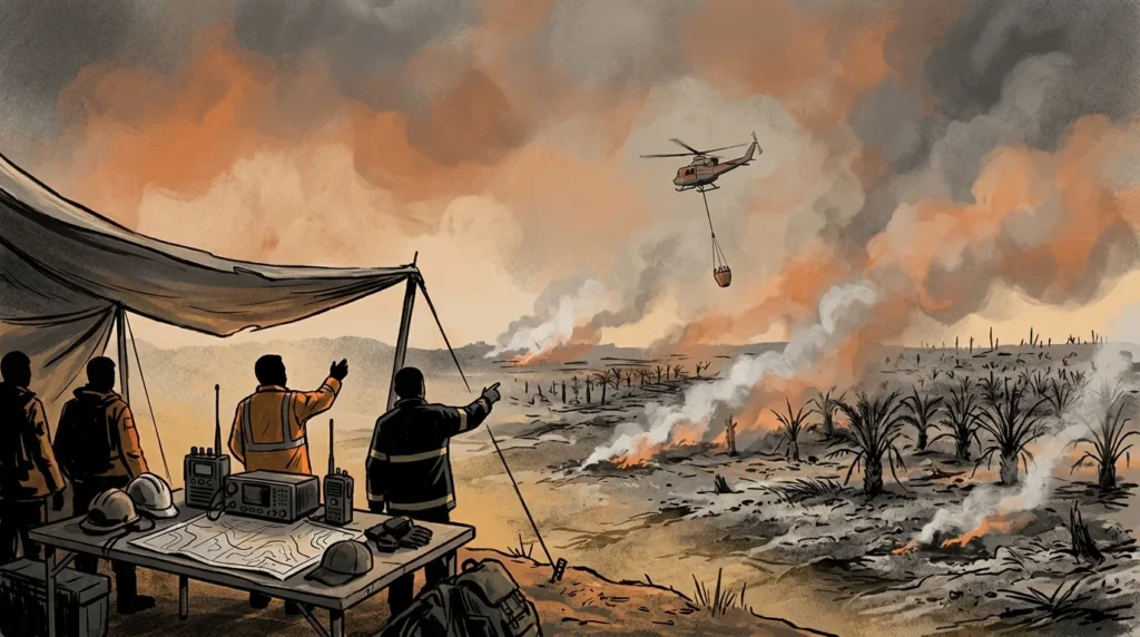 Ilustrasi helikopter pemadam terbang di atas lahan gambut berasap di Sumatera Selatan