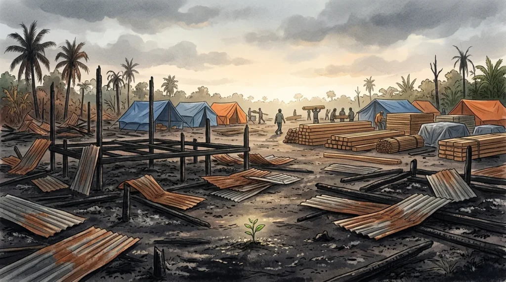Puing rumah papan yang terbakar di permukiman Dusun Serdang dengan tenda pengungsian di kejauhan