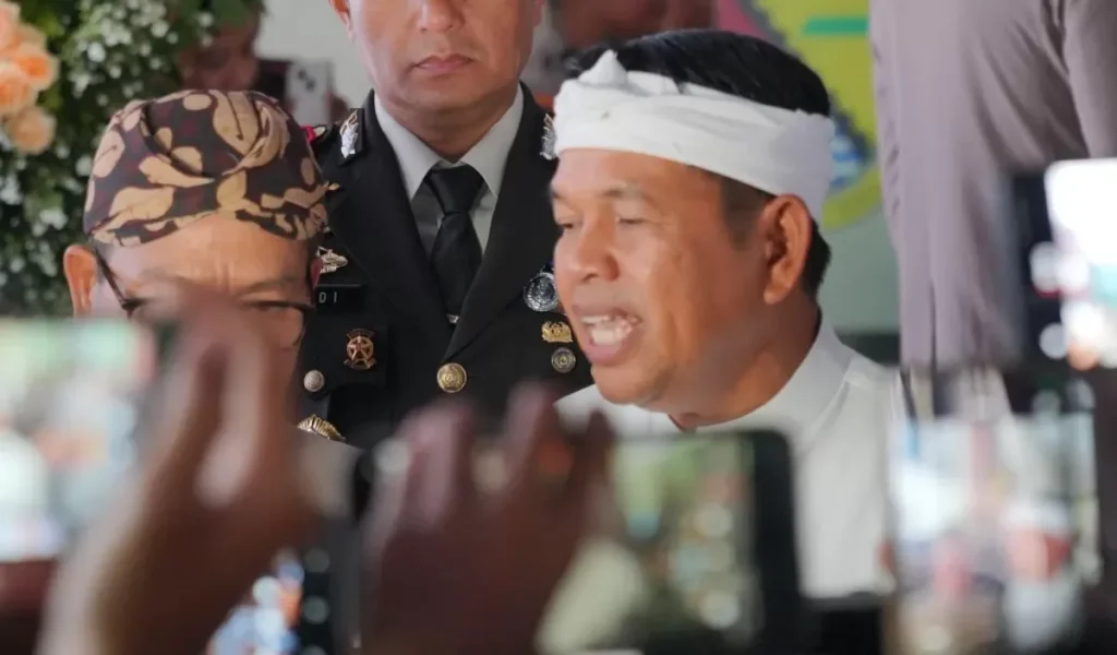Ilustrasi gedung pemerintahan Kabupaten Bekasi dengan tumpukan dokumen anggaran dan jalan berlubang di depannya