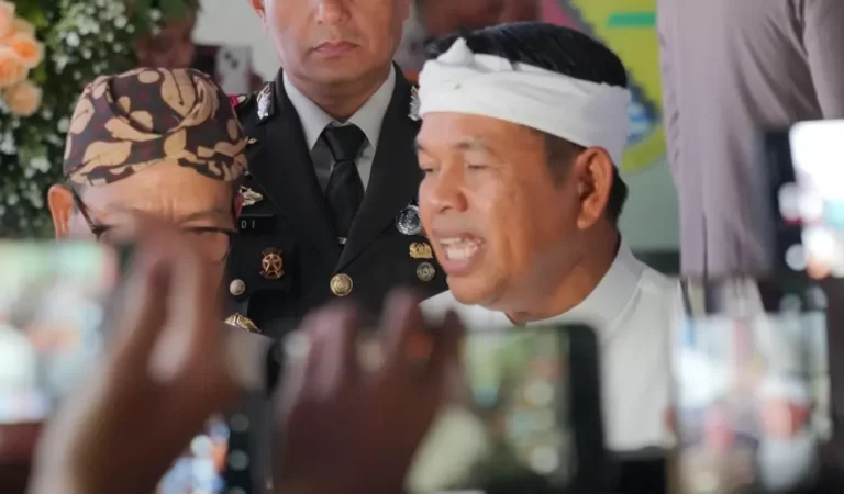 Ilustrasi gedung pemerintahan Kabupaten Bekasi dengan tumpukan dokumen anggaran dan jalan berlubang di depannya