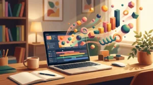 Ilustrasi layar laptop menampilkan grafik dan bentuk yang bergerak di aplikasi Claude