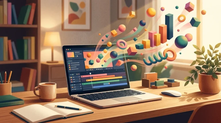 Ilustrasi layar laptop menampilkan grafik dan bentuk yang bergerak di aplikasi Claude