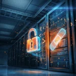 Ilustrasi rak server di pusat data dengan gembok terbuka sebagai gambaran celah PHP2Shell