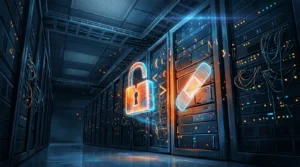 Ilustrasi rak server di pusat data dengan gembok terbuka sebagai gambaran celah PHP2Shell