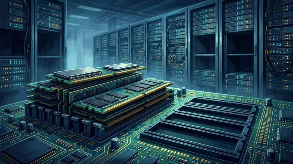 Modul RAM komputer di atas papan sirkuit dengan latar server pusat data