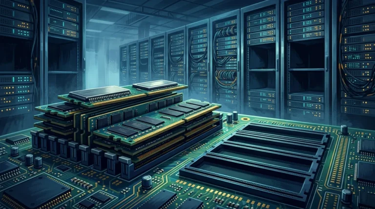 Modul RAM komputer di atas papan sirkuit dengan latar server pusat data