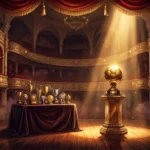 Trofi bola emas di panggung teater megah London dengan lampu sorot