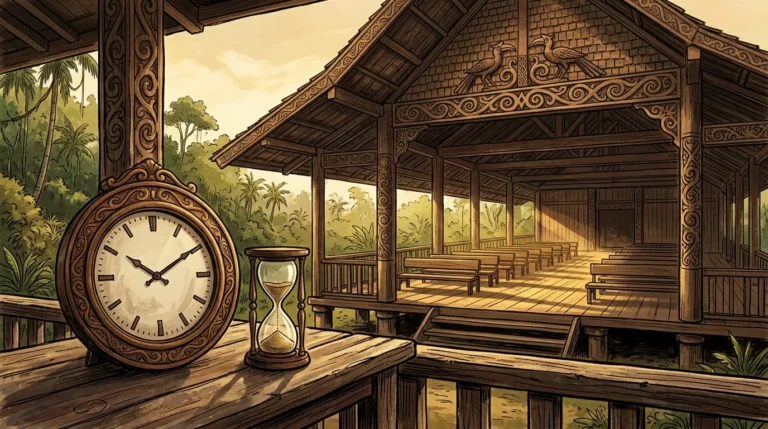 Ilustrasi balai adat Dayak di Tanjung Selor dengan jam dinding sebagai simbol tenggat tuntutan warga