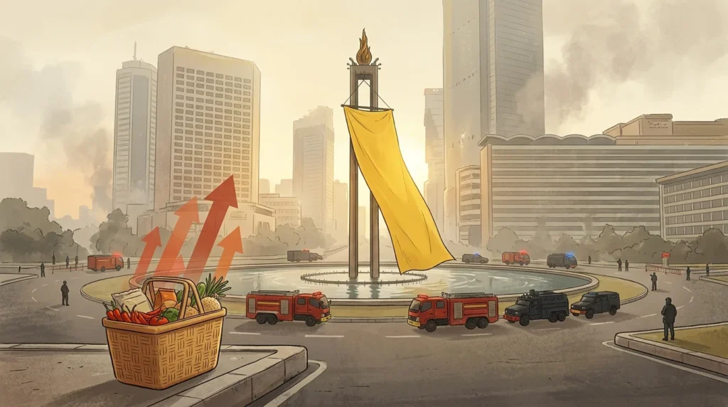Ilustrasi spanduk protes krisis iklim di monumen bundaran Jakarta dengan latar gedung tinggi