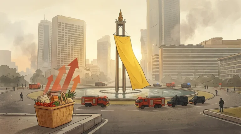 Ilustrasi spanduk protes krisis iklim di monumen bundaran Jakarta dengan latar gedung tinggi