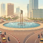 Ilustrasi Bundaran HI Jakarta dengan arus kendaraan dan pagar pengaman saat demo 28 Oktober 2026
