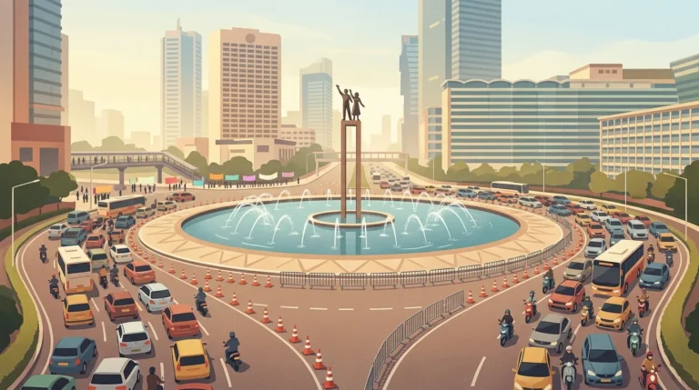 Ilustrasi Bundaran HI Jakarta dengan arus kendaraan dan pagar pengaman saat demo 28 Oktober 2026