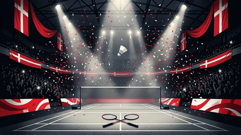 Ilustrasi lapangan bulu tangkis arena Odense dengan kok dan raket di atas net saat final ganda putra