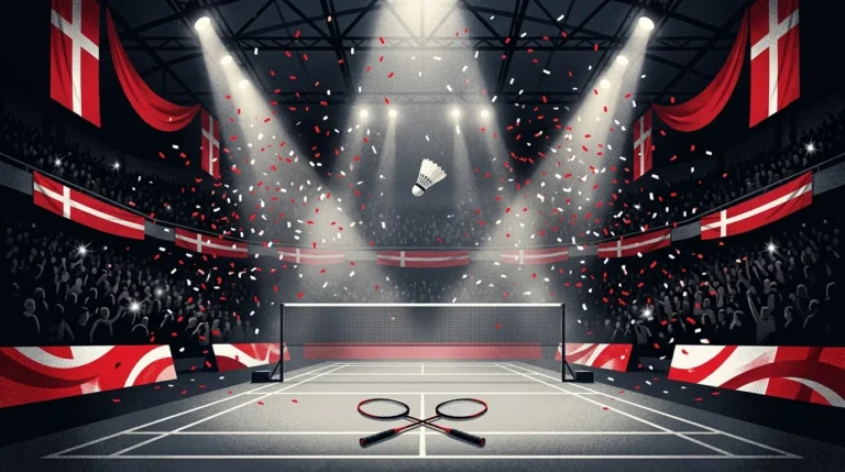 Ilustrasi lapangan bulu tangkis arena Odense dengan kok dan raket di atas net saat final ganda putra