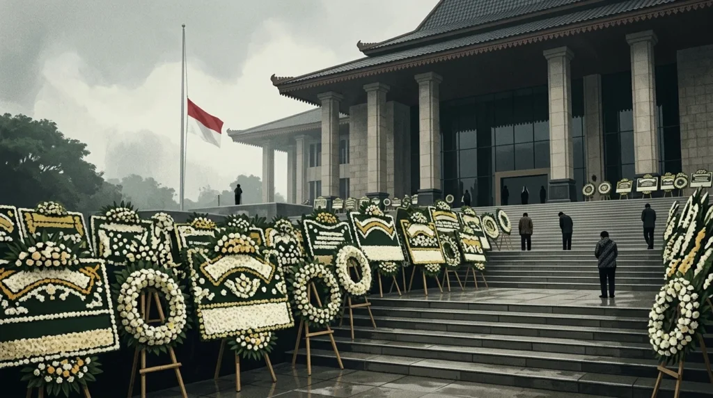 Ilustrasi karangan bunga duka cita di depan gedung lembaga negara