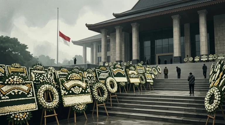 Ilustrasi karangan bunga duka cita di depan gedung lembaga negara