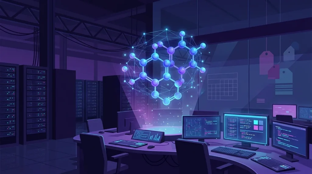 Ilustrasi pusat data dan layar kode yang menggambarkan pengembangan model AI Gemini 4 Carbon