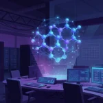 Ilustrasi pusat data dan layar kode yang menggambarkan pengembangan model AI Gemini 4 Carbon