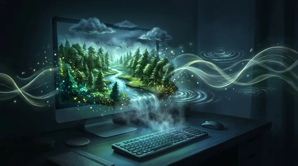 Ilustrasi dunia virtual interaktif bersuara buatan model AI Genie 4 Google DeepMind