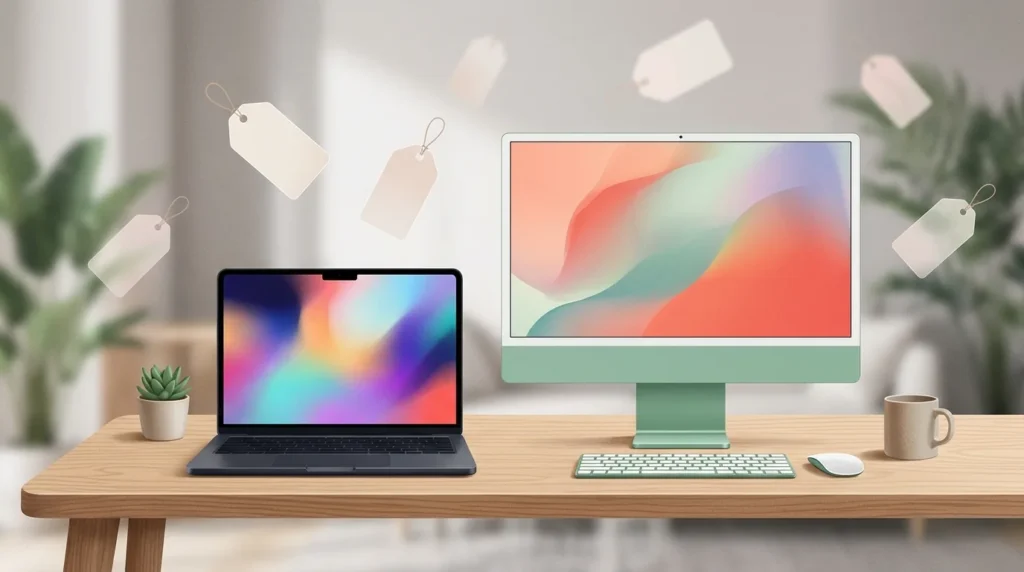 Ilustrasi laptop MacBook Pro 14 inci dan komputer iMac di atas meja kerja