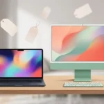 Ilustrasi laptop MacBook Pro 14 inci dan komputer iMac di atas meja kerja