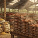 Tumpukan telur ayam ras di kandang peternak dengan karung jagung pakan di latar belakang