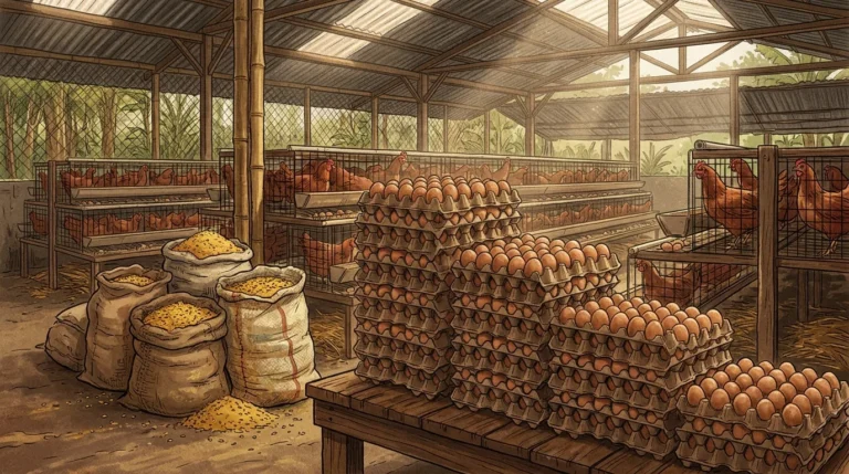 Tumpukan telur ayam ras di kandang peternak dengan karung jagung pakan di latar belakang