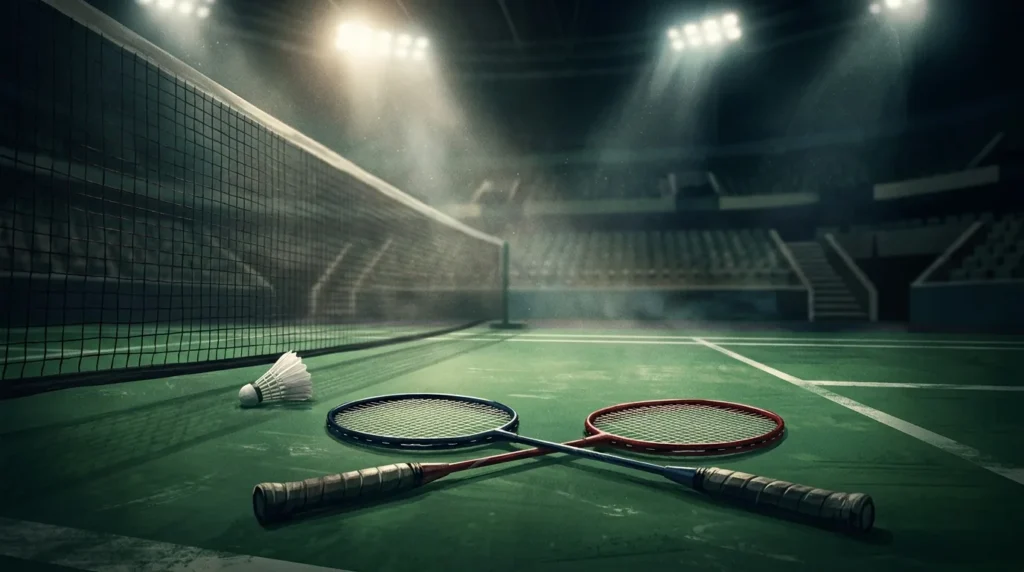 Ilustrasi lapangan bulu tangkis di arena indoor dengan kok dan raket di dekat net