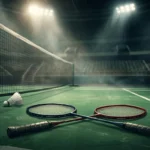 Ilustrasi lapangan bulu tangkis di arena indoor dengan kok dan raket di dekat net