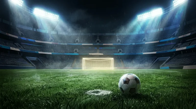 Ilustrasi stadion sepak bola malam hari dengan lampu sorot menyala dan papan skor setelah laga Super League