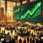 Layar papan perdagangan saham menampilkan grafik indeks yang naik tajam di lantai bursa