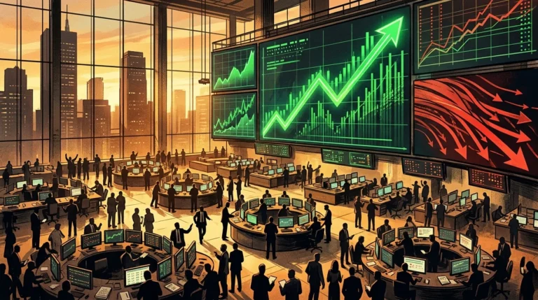 Layar papan perdagangan saham menampilkan grafik indeks yang naik tajam di lantai bursa