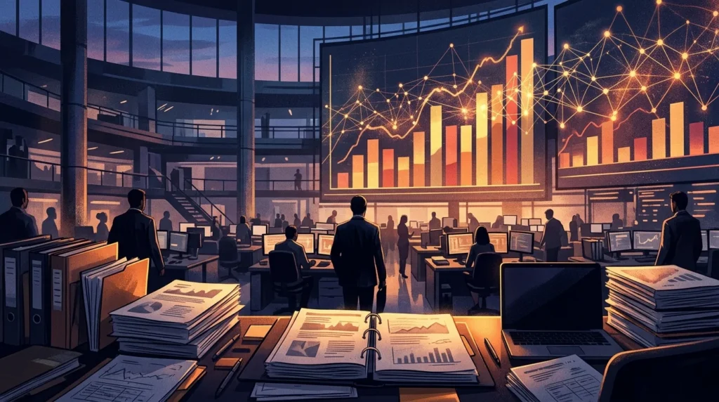 Ilustrasi grafik keuangan naik dan papan bursa saham untuk IPO Anthropic pembuat Claude