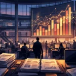 Ilustrasi grafik keuangan naik dan papan bursa saham untuk IPO Anthropic pembuat Claude