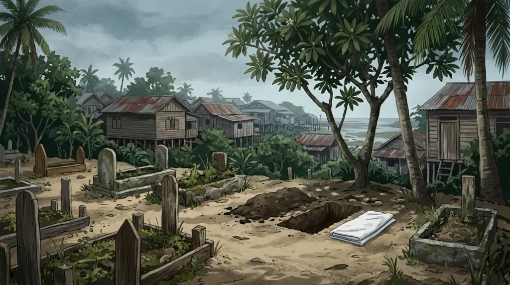 Ilustrasi area pemakaman umum di permukiman pesisir Loktuan, Bontang, dengan liang lahat kecil dan kain putih