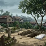 Ilustrasi area pemakaman umum di permukiman pesisir Loktuan, Bontang, dengan liang lahat kecil dan kain putih