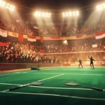Ilustrasi lapangan bulu tangkis di arena pertandingan dengan kok dan raket di atas karpet hijau