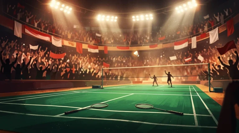 Ilustrasi lapangan bulu tangkis di arena pertandingan dengan kok dan raket di atas karpet hijau