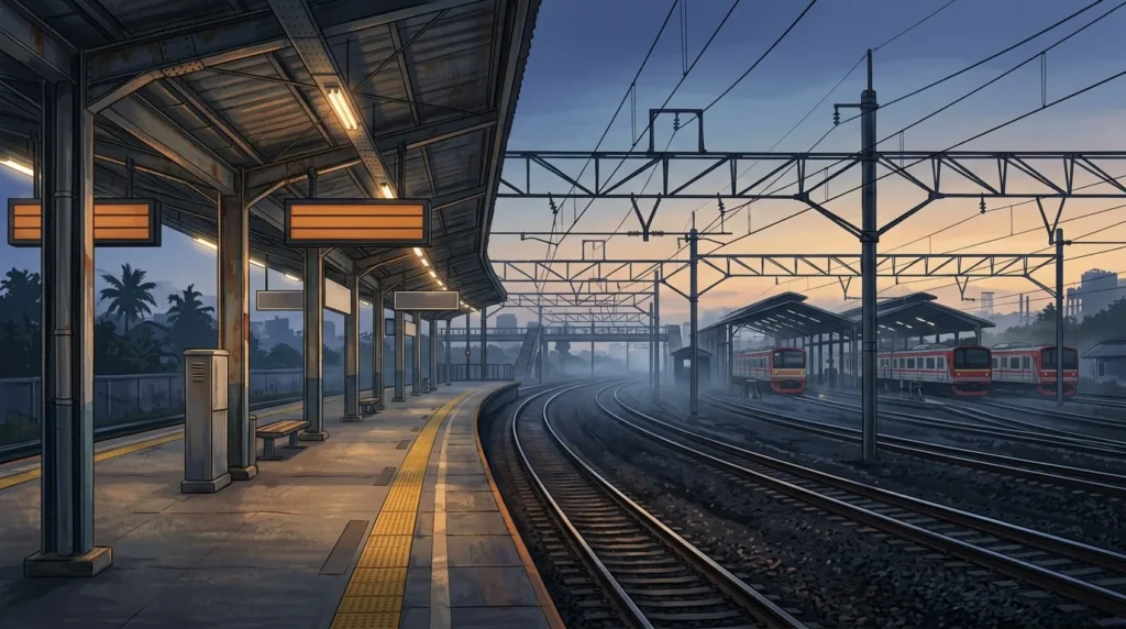Peron stasiun KRL lintas Bogor pada pagi hari dengan rel kosong dan papan jadwal kereta