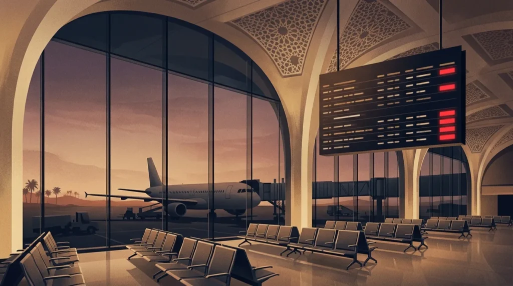 Ilustrasi pesawat di landasan bandara Arab Saudi dengan papan jadwal penerbangan tertunda