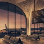 Ilustrasi pesawat di landasan bandara Arab Saudi dengan papan jadwal penerbangan tertunda