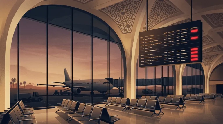 Ilustrasi pesawat di landasan bandara Arab Saudi dengan papan jadwal penerbangan tertunda
