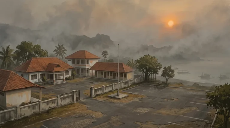 Kabut asap tipis menyelimuti gedung perkantoran pemerintah di tepi teluk dengan jalan lengang
