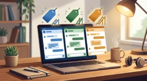 Ilustrasi tiga jendela chatbot AI berdampingan di layar laptop dengan label harga paket langganan